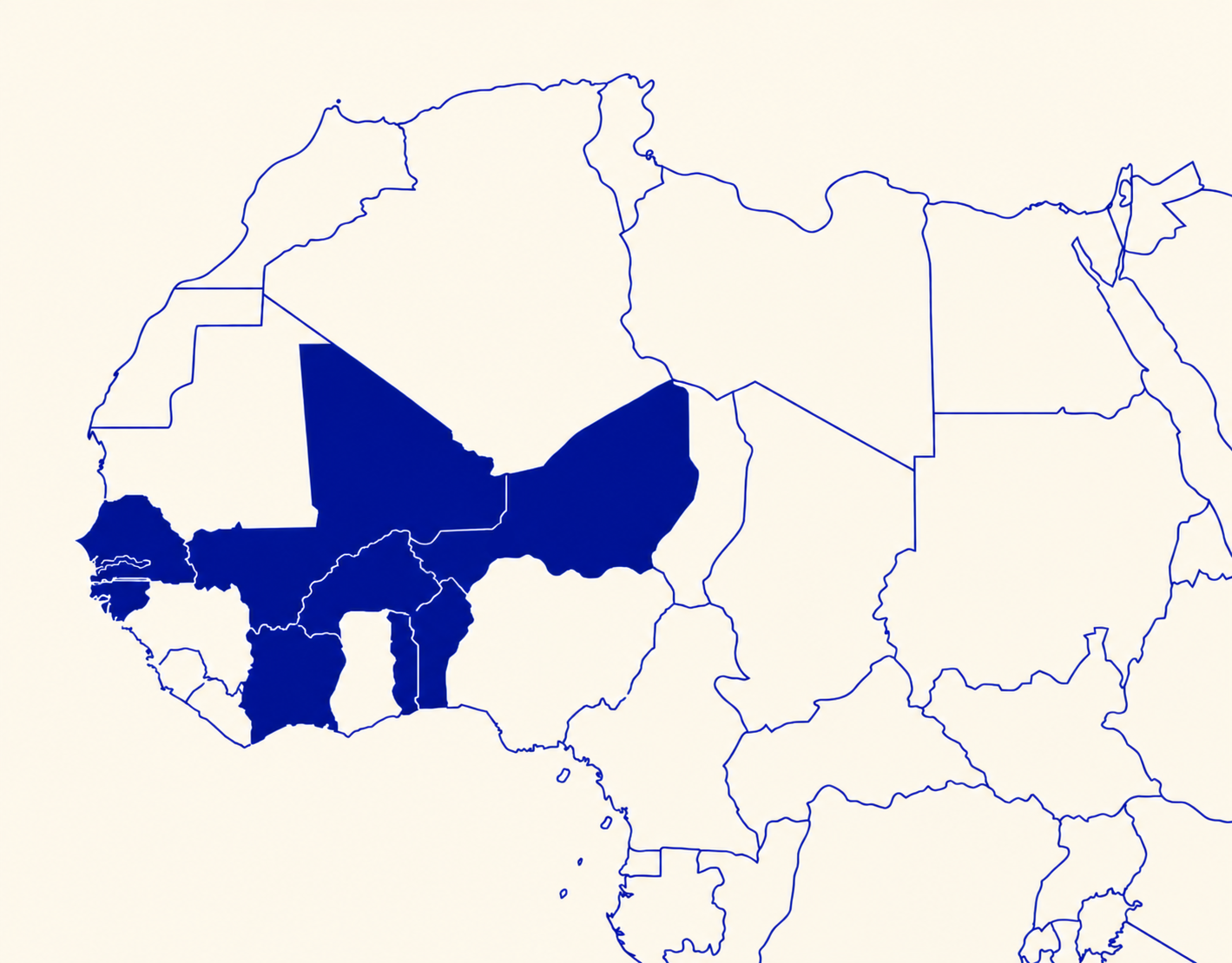 Carte des 8 pays de l'UEMOA : Bénin, Burkina Faso, Côte d'Ivoire, Guinée-Bissau, Mali, Niger, Sénégal et Togo